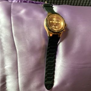 Women’s Michele watch black rubber band with gold face